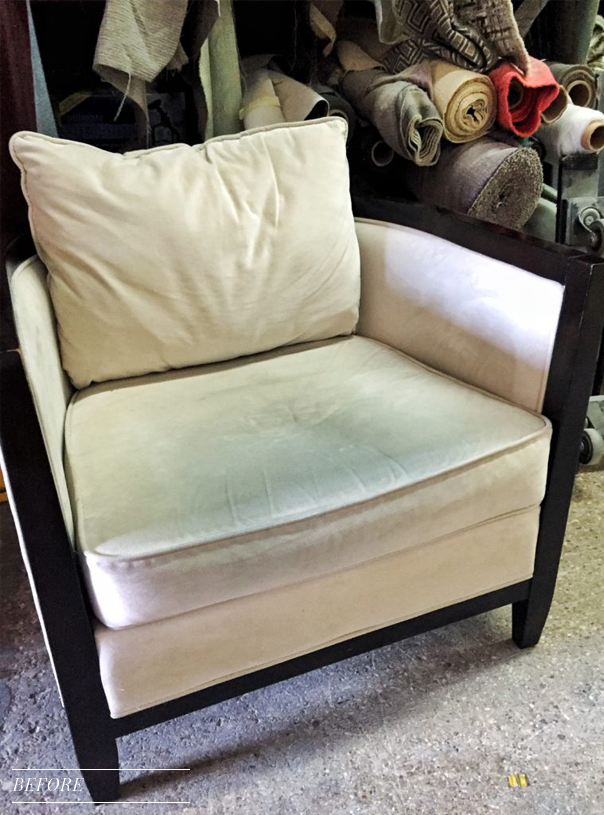 before ultrasuede chair at workroom