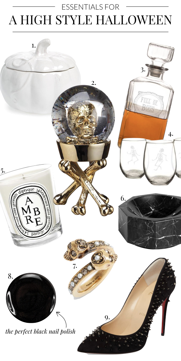 Everything You Need for a High Style Halloween- white pumpkins, skeleton glasses, decanter, Amber Diptyque Candle, black marble bowl, skull ring, studded heels, black nail polish