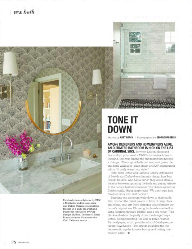 Gray Magazine - October/November 2017, bathroom design, art deco bathroom, Feather Fan wall covering, Esplanade marble floor