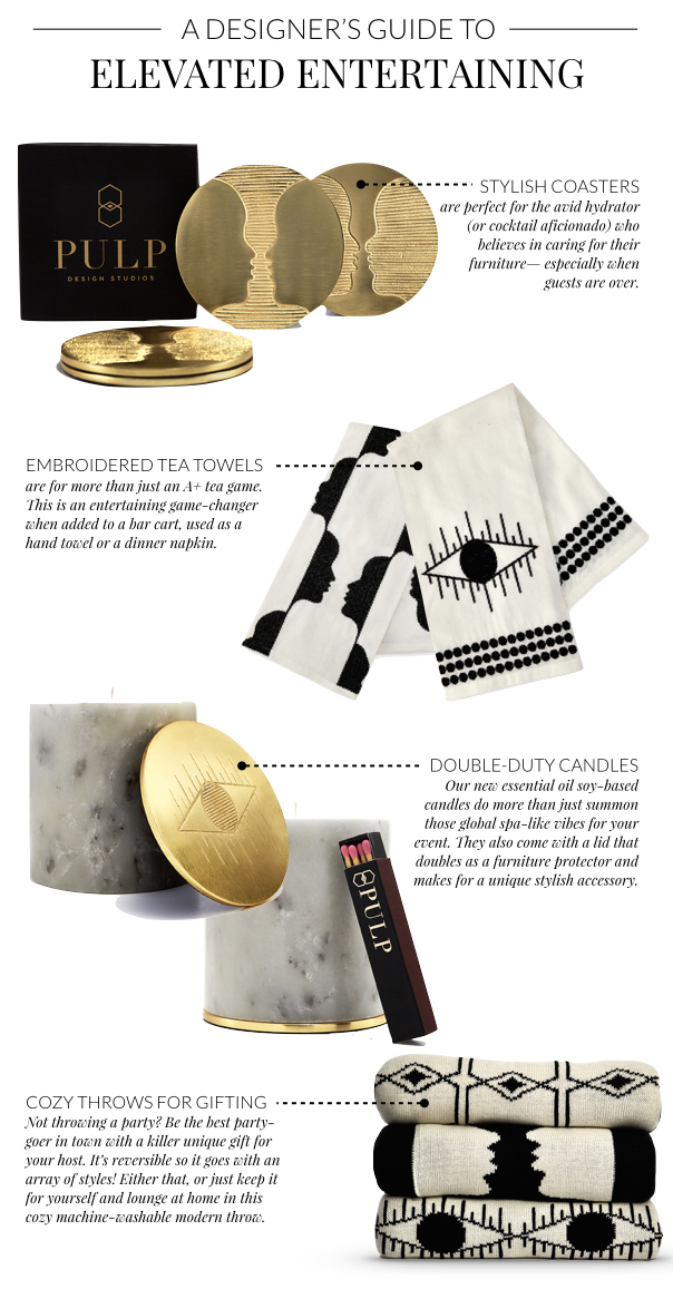 How to Elevate Your Entertaining Game featuring the Kismet Collection- brass/gold coasters, tea towels, marble candle, reversible throw 