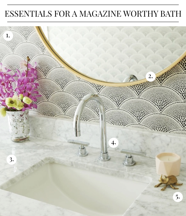 How to Style a Magazine Worthy Bathroom - Gray Magazine, How to Style a Magazine Worthy Bathroom, graphic wall covering, art deco bathroom, bold frame mirror, round mirror, modern mirror, modern bathroom, DXV faucet, marble counter, marble bathroom, beetle accessory