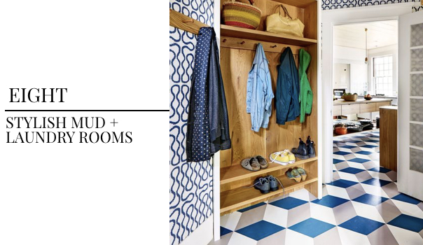 interior design trend, mud room design, jewel box, blue wall covering, geometric tile, laundry room design