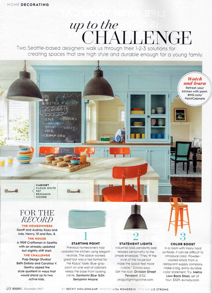 Pulp Design Studios Better Homes & Gardens November 2017 featuring Black Pendant Lighting, Colorful Orange Bar Stools, Chalk Board Wall, Family Kitchen