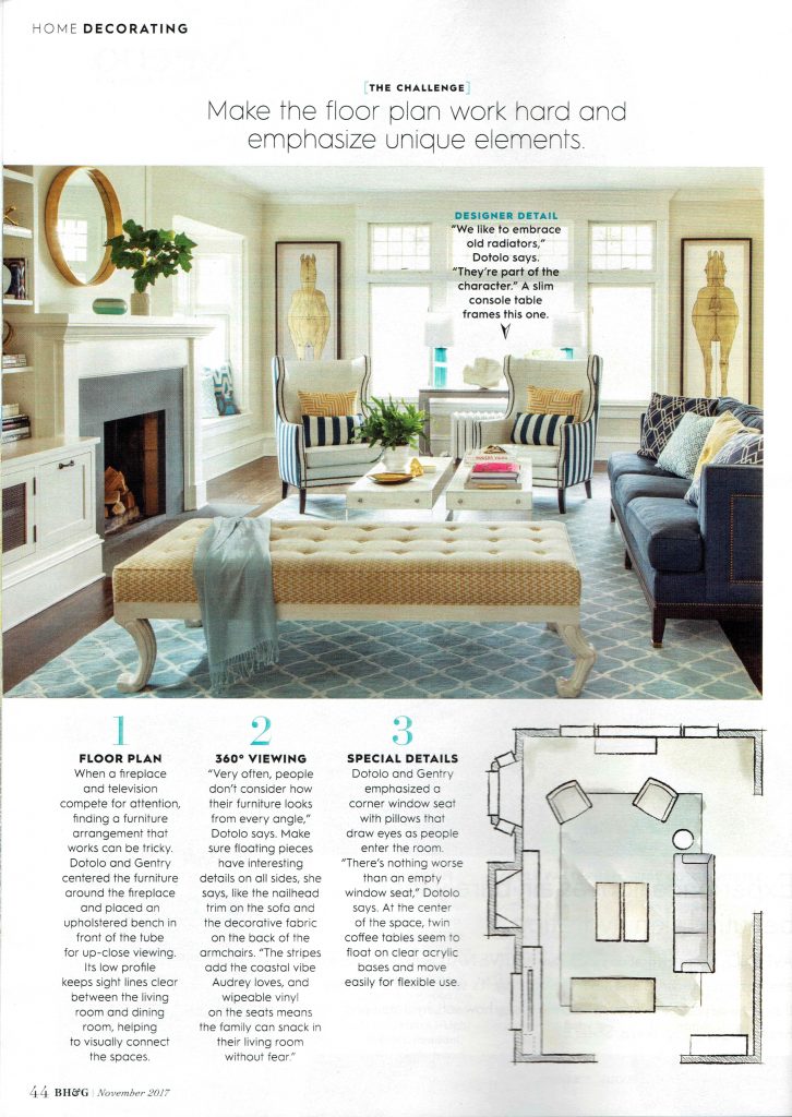 Pulp Design Studios Better Homes & Gardens November 2017 featuring a Coastal Living Room Design, with Gold Accented Art, Blue Side Chairs, Blue Coach