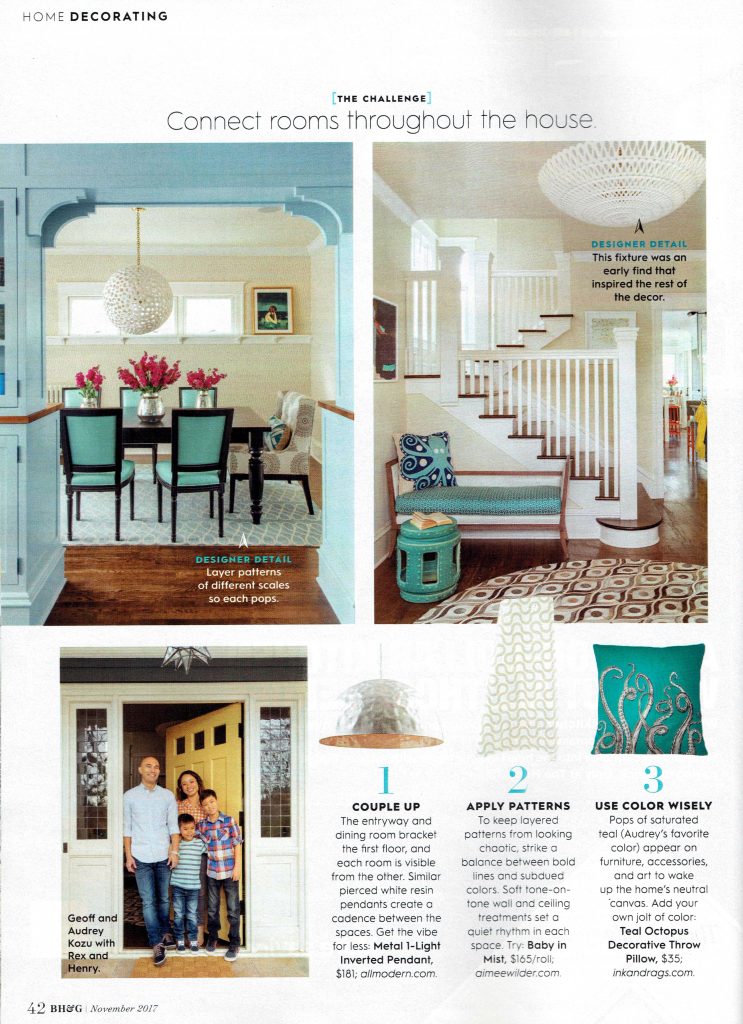 Pulp Design Studios Better Homes & Gardens November 2017 featuring Turquoise Dining Chairs, Dining Room Pattern, White Chandelier 