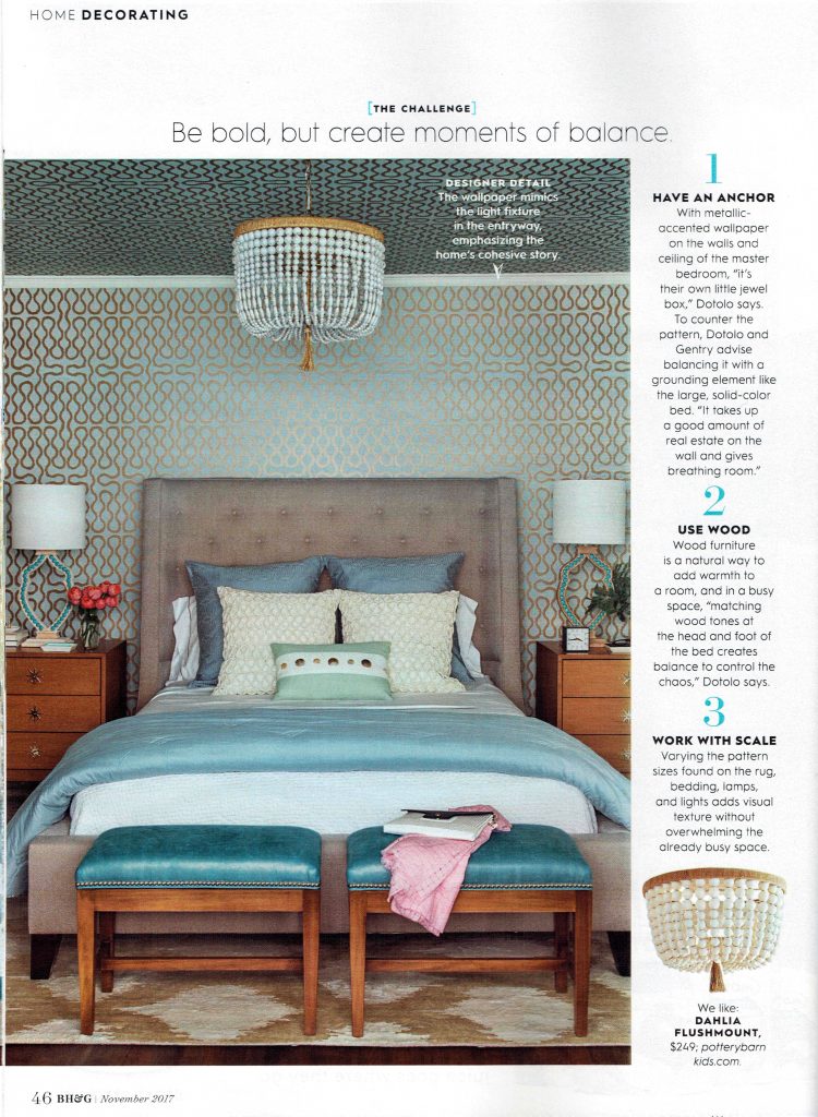 Pulp Design Studios Better Homes & Gardens November 2017 featuring a Jewel Box Master Bedroom, Geometric Wallpaper, Blue Leather Stools, Beaded Chandelier 