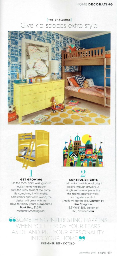 Pulp Design Studios Better Homes & Gardens November 2017 featuring a stylish kid's room with a Vibrant Yellow Dresser, Wood Bunk Beds, and Blue Stereo Wallpaper