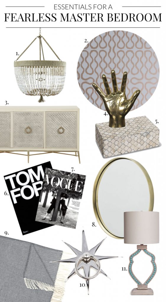 Essentials for a Fearless Master Bedroom featuring Jewel Box Wallcovering, White Beaded Chandelier, Gold Hand Accessory, Blue Throw, Bernhardt Media Console, Coffee Table Books