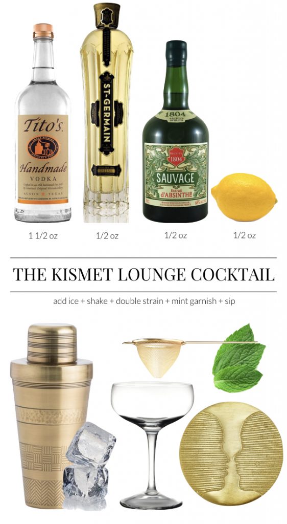The Kismet Cocktail: Vodka, St. Germain, Savage, Lemon and Mint Garnish with stylish coasters and barware