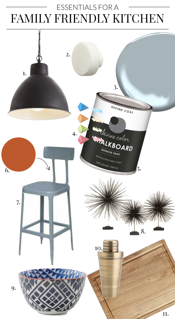 Dining + Kitchen Essentials - The Essentials for a Family Friendly Kitchen with Chalkboard Paint, Blue Cabinets, Bright Bar Stools