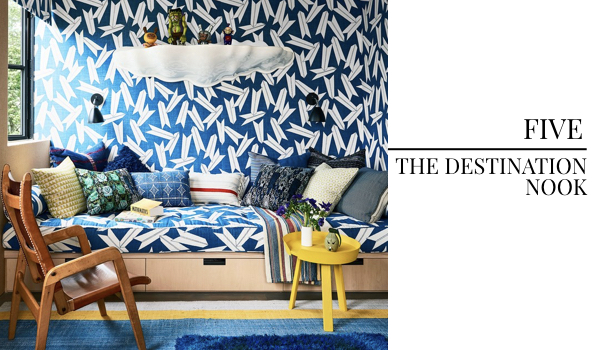 2018 Interior Design Color Trends Blue Pattern Wallcovering, Destination Reading Nook, Interior Design Reading Nook