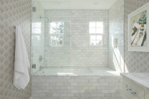 Ode to Art Deco Guest Bath, Modern Bathroom , Bright Tile Shower, Glass Shower Door, Art Deco Wallpaper, Vintage Bathroom Art, Black and White Bathroom