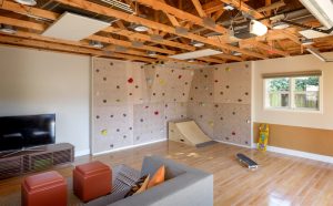 Nod to Nautical Family Home in Queen Anne, Seattle, WA 98119, Modern Family Home, Playroom design, Built In Rock Wall, Skate Ramp, Play room design