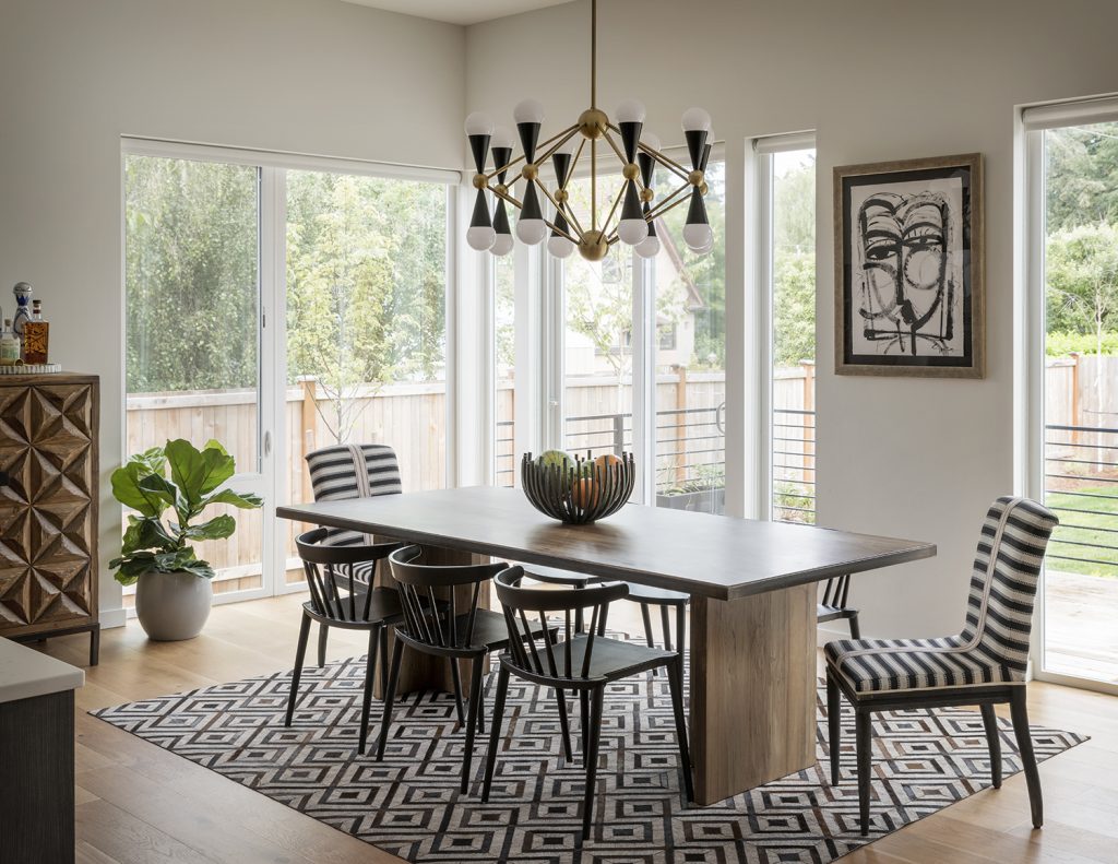 dining room, dining room ideas, wood dining table, jonathan adler lighting, black and white dining room, modern eclectic design, unique furniture, where to get furniture, seattle modern home, seattle home ideas, seattle interior design, seattle interior design ideas