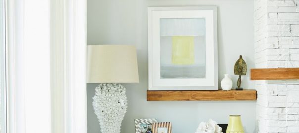 Lakehouse Retreat seating and wood shelving in living room