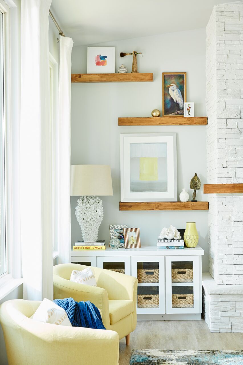 Lakehouse Retreat seating and wood shelving in living room