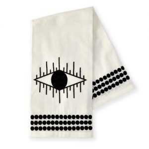 Pulp Design Studios Kismet Lounge Collection Embroidered Black and White Tea Towel made of Linen featuring an eye and dotted border