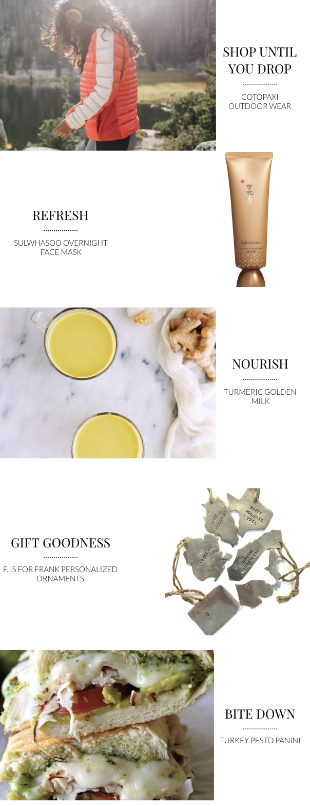 5 Things For the Weekend - Cotopaxi Outdoor Wear, Sulwhasoo Overnight Mask, Golden Milk Recipe, Customized Ornaments, and Turkey Pesto Panini Recipe