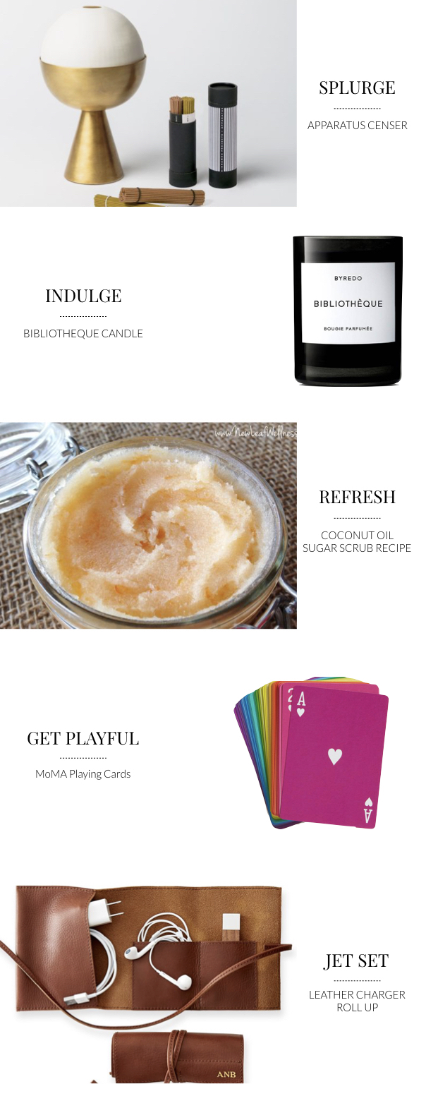 Luxury candle, censer incense burner, coconut oil sugar scrub recipe, mama playing cards, leather charger roll up