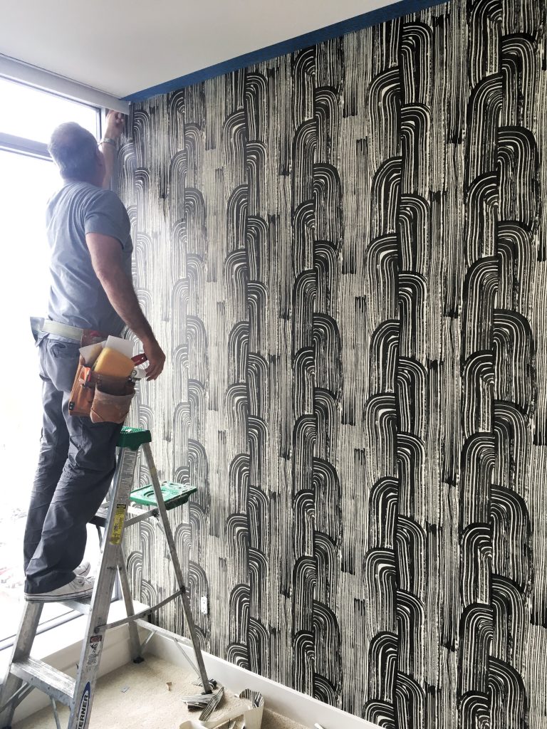 Pulp Design Studios Wallcovering Install, Groundworks by Kelly Wearstler and Lee Jofa wallcovering, Golden Globes Elevator Wallpaper, Wallcovering Install