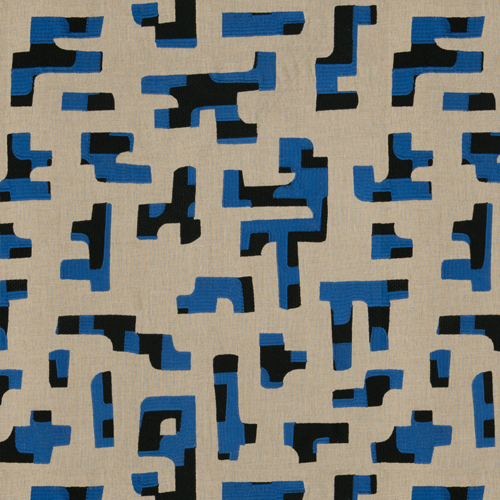 Hidalgo - Royal - Pulp Design Studios for S Harris textiles. This embroidered linen is a modern deconstructed interpretation of traditional Otomi fabrics from the Mexican State of Hidalgo. Two different styles of stitching inspired by Mexican embroidery create a geometric statement using black, tan and royal blue.