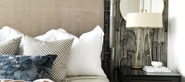 Pulp Design Studios Interior Design Install, High-Rise Condo Transformation, Kelly Wearstler Wallcovering, Lee Jofa Wallcovering, Master Bedroom Decor, Hotel-like Bedroom Design, How to Style a Bed, Nightstand, Handsome Interior Design, Groundworks Wallcovering, Wallpaper