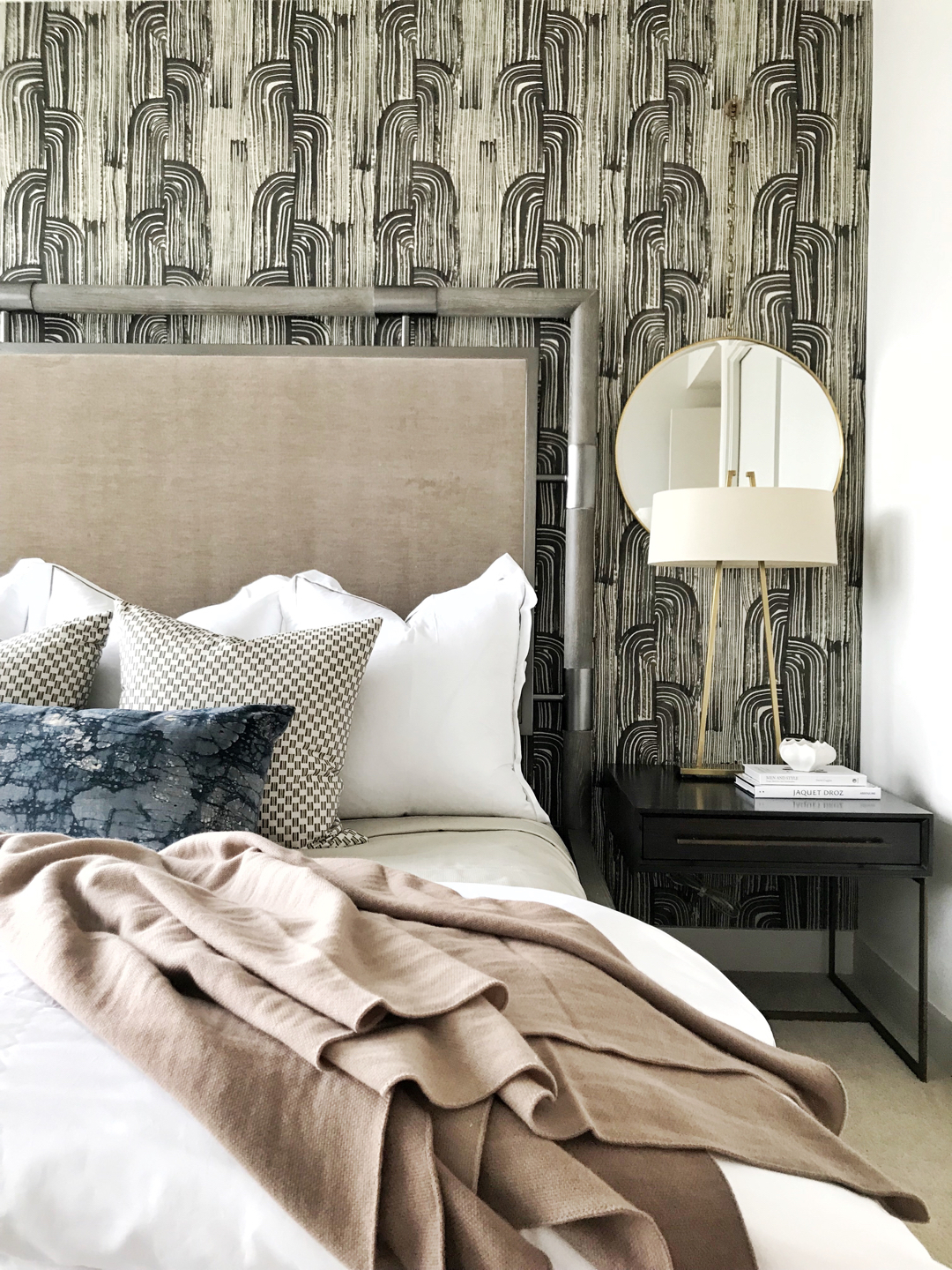 Pulp Design Studios Interior Design Install, High-Rise Condo Transformation, Kelly Wearstler Wallcovering, Lee Jofa Wallcovering, Master Bedroom Decor, Hotel-like Bedroom Design, How to Style a Bed, Nightstand, Handsome Interior Design, Groundworks Wallcovering, Wallpaper