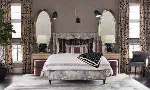 Pulp Design Studios for S Harris textiles, Osaka upholstery textile, globally inspired bedroom decor, Hidalgo drapery, Custom Upholstered Bed, Custom Drapery, Globally inspired home, purple velvet stool, black and white striped arm chair, Kismet Lounge collection