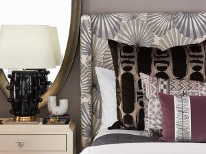 Pulp Design Studios for S Harris textiles, Osaka upholstery textile, globally inspired bedroom decor, Hidalgo drapery, Custom Upholstered Bed, Custom Drapery, Globally inspired home, purple velvet stool, black and white striped arm chair, Kismet Lounge collection, Beth Dotolo and Carolina Gentry