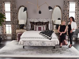 Pulp Design Studios for S Harris textiles, Osaka upholstery textile, globally inspired bedroom decor, Hidalgo drapery, Custom Upholstered Bed, Custom Drapery, Globally inspired home, purple velvet stool, black and white striped arm chair, Kismet Lounge collection, Beth Dotolo and Carolina Gentry