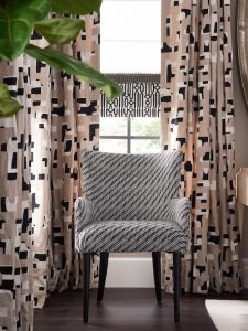 Pulp Design Studios for S Harris textiles, Osaka upholstery textile, globally inspired bedroom decor, Hidalgo drapery, Custom Upholstered Bed, Custom Drapery, Globally inspired home, purple velvet stool, black and white striped arm chair, Kismet Lounge collection