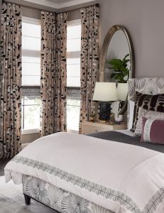 Pulp Design Studios for S Harris textiles, Osaka upholstery textile, globally inspired bedroom decor, Hidalgo drapery, Custom Upholstered Bed, Custom Drapery, Globally inspired home, purple velvet stool, black and white striped arm chair, Kismet Lounge collection