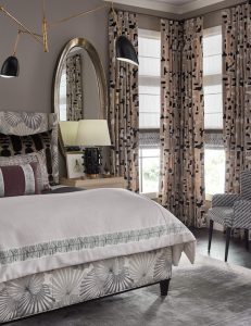 Pulp Design Studios for S Harris textiles, Osaka upholstery textile, globally inspired bedroom decor, Hidalgo drapery, Custom Upholstered Bed, Custom Drapery, Globally inspired home, purple velvet stool, black and white striped arm chair, Kismet Lounge collection