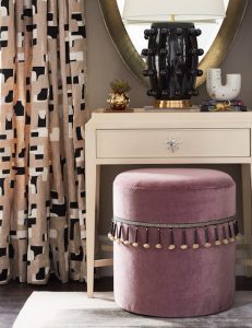 Pulp Design Studios for S Harris textiles, Osaka upholstery textile, globally inspired bedroom decor, Hidalgo drapery, Custom Upholstered Bed, Custom Drapery, Globally inspired home, purple velvet stool, black and white striped arm chair, Kismet Lounge collection