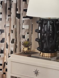 Pulp Design Studios for S Harris textiles, Osaka upholstery textile, globally inspired bedroom decor, Hidalgo drapery, Custom Upholstered Bed, Custom Drapery, Globally inspired home, purple velvet stool, black and white striped arm chair, Kismet Lounge collection