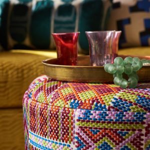 Pulp Design Studios for S Harris textiles. Global textiles, custom pillows, global patterns, statement accent fabric, Kismet Moderno fabric, Moroccan tea decor, Moroccan Lounge Design