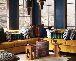 Pulp Design Studios for S Harris textiles, Moroccan inspired home decor and textiles, hidalgo fabric, statement drapery, statement textiles, Yellow sofa, global inspired textiles, custom pillows