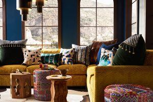 Pulp Design Studios for S Harris textiles, Moroccan inspired home decor and textiles, hidalgo fabric, statement drapery, statement textiles, Yellow sofa, global inspired textiles