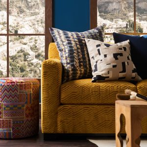 Pulp Design Studios for S Harris textiles, Moroccan inspired home decor and textiles, hidalgo fabric, statement drapery, statement textiles, Yellow sofa, global inspired textiles, custom pillows