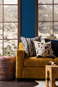 Pulp Design Studios for S Harris textiles, Moroccan inspired home decor and textiles, hidalgo fabric, statement drapery, statement textiles, Yellow sofa, global inspired textiles, custom pillows