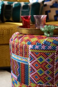 Pulp Design Studios for S Harris textiles. Global textiles, custom pillows, global patterns, statement accent fabric, Kismet Moderno fabric, Moroccan tea decor, Moroccan Lounge Design