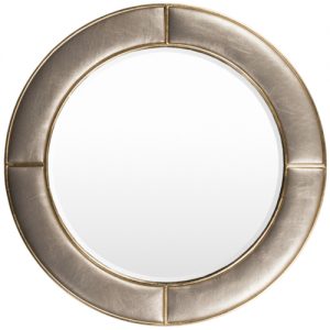 Arial Mirror, champagne, faux leather, circle, circular, beveled frame mirror