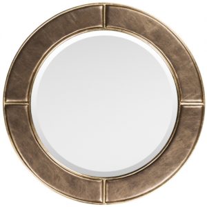 Arial Mirror, gold, faux leather, circle, circular, beveled frame mirror