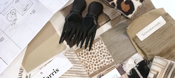 Fabric, wood finishes, hardware and floor plans scheme for a Modern Mediterranean style home transformation in progress