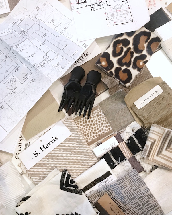 Fabric, wood finishes, hardware and floor plans scheme for a Modern Mediterranean style home transformation in progress