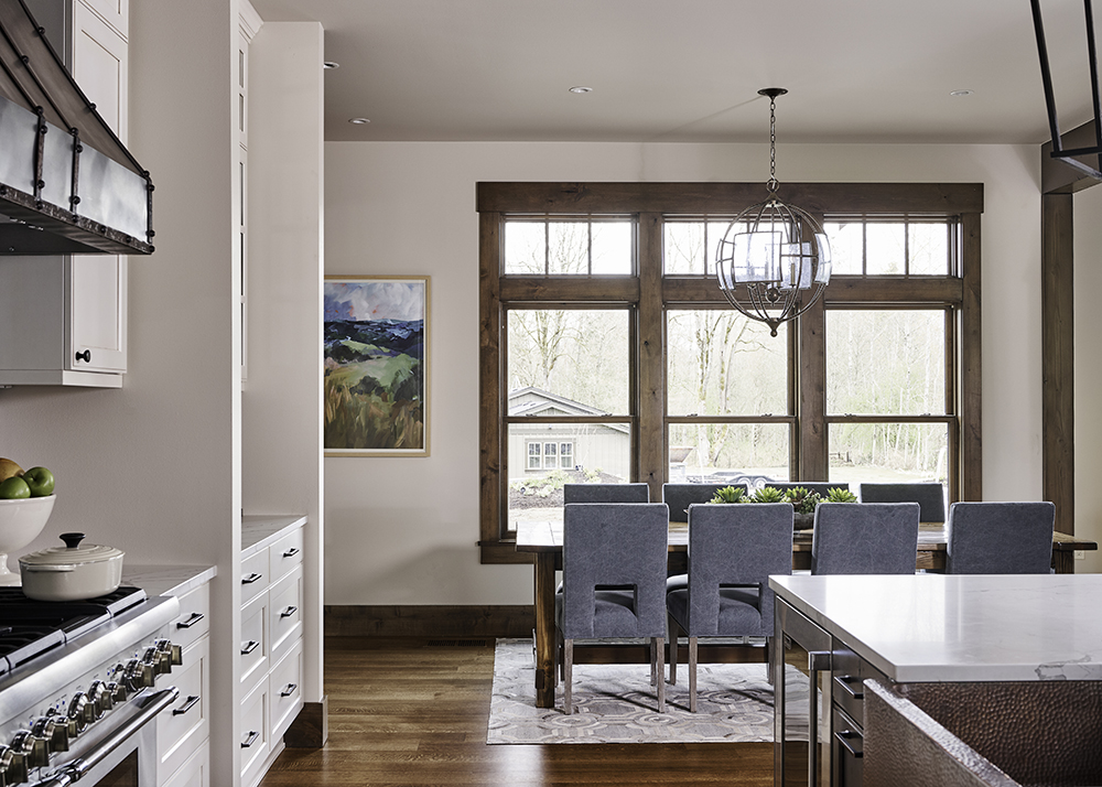 kitchen drawers, transitional white kitchen, open plan kitchen, white quartz countertops, white marble countertops, dining room in kitchen, interior designer seattle