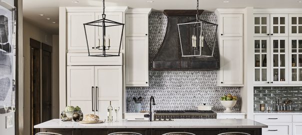 white kitchen design, transitional kitchen design, island with barstools, transitional glass backsplash, black kitchen pendants, kitchen design, kitchen inspiration, seattle kitchen designer, woodinville kitchen designer, wood ceiling, white kitchen wood island