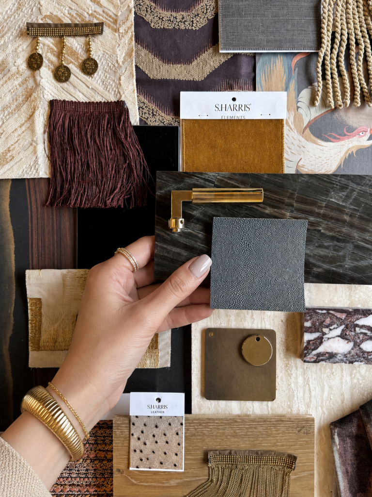 Interior designer presenting luxury home design concepts and material selections.